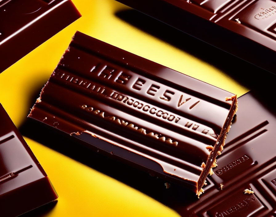 Bitten dark chocolate bars on yellow background