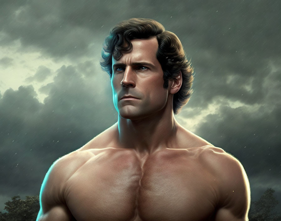 Muscular man with curly hair in contemplation under moody sky.