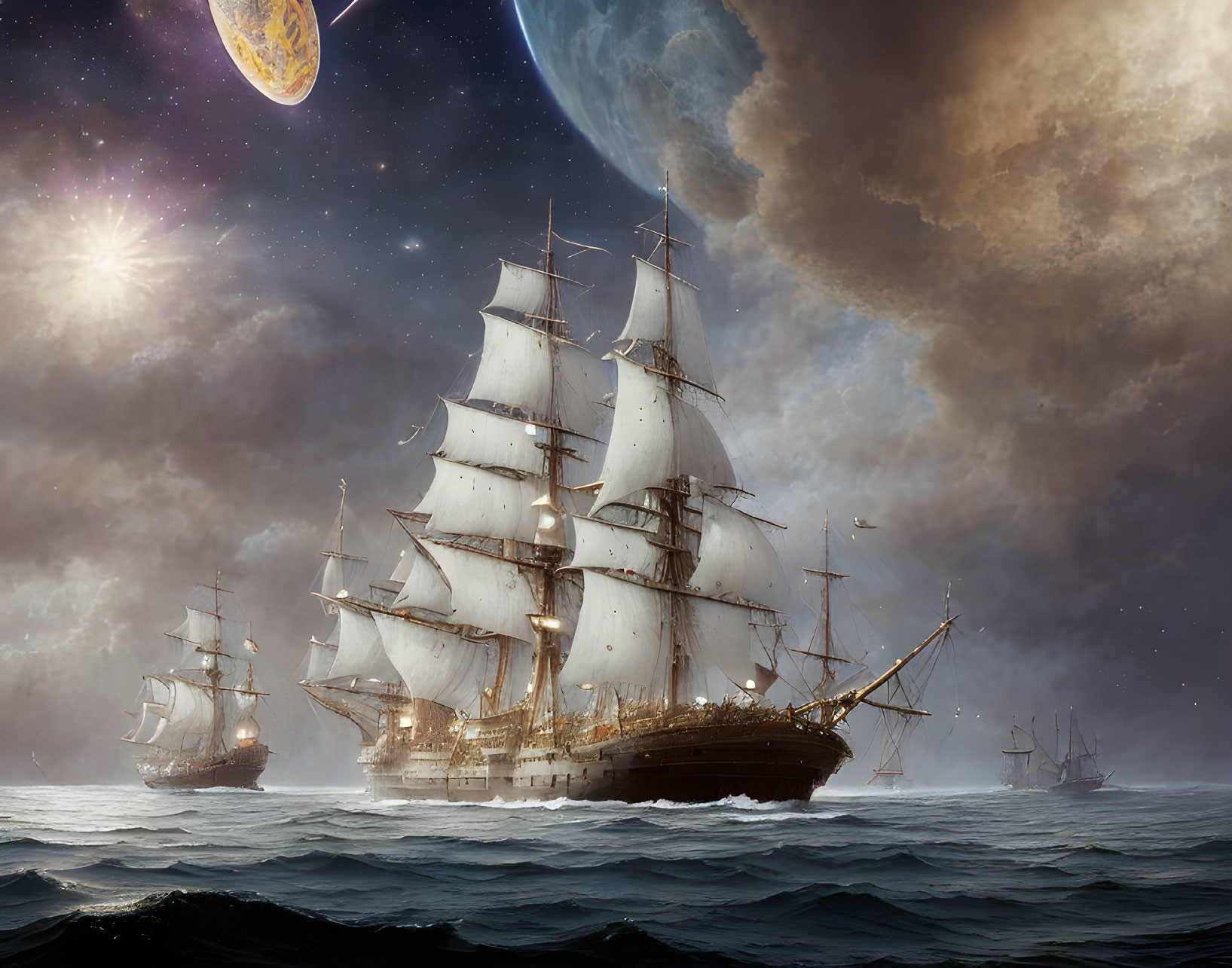 Tall ships on turbulent seas under dramatic sky with celestial bodies.