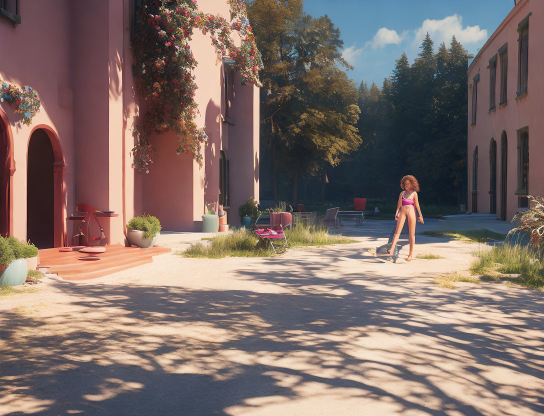 Woman in Sunlit Courtyard with Pink Walls and Woods