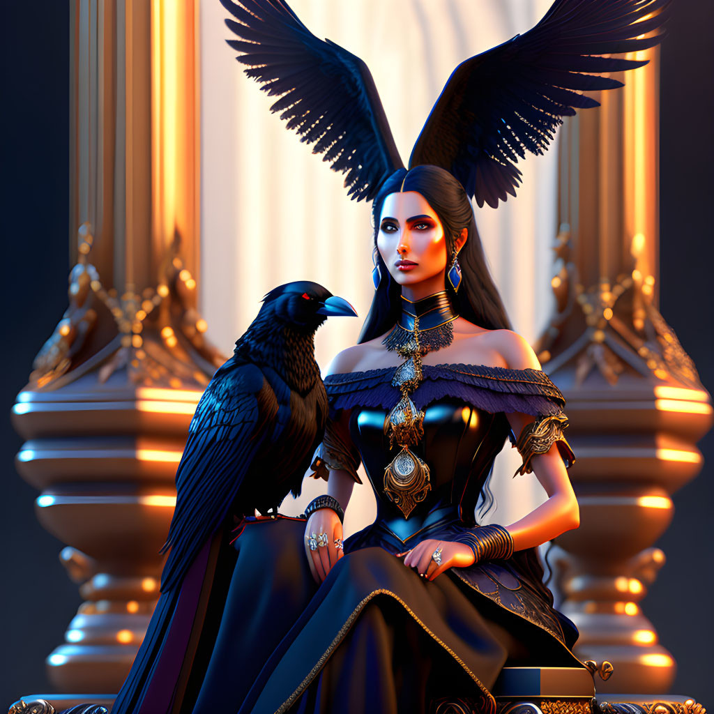 Dark-haired woman in black Victorian gown with gold jewelry beside ravens.