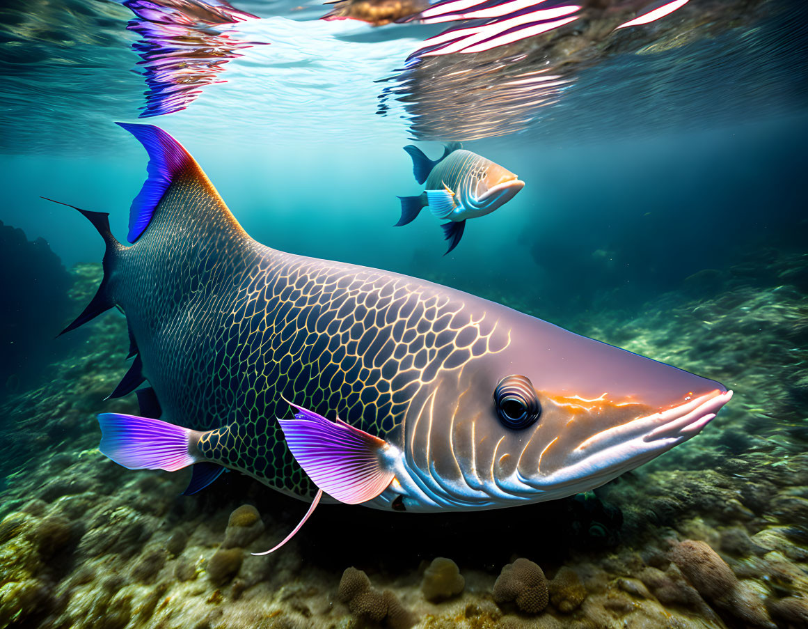 Vibrant fish with intricate patterns in clear ocean water.