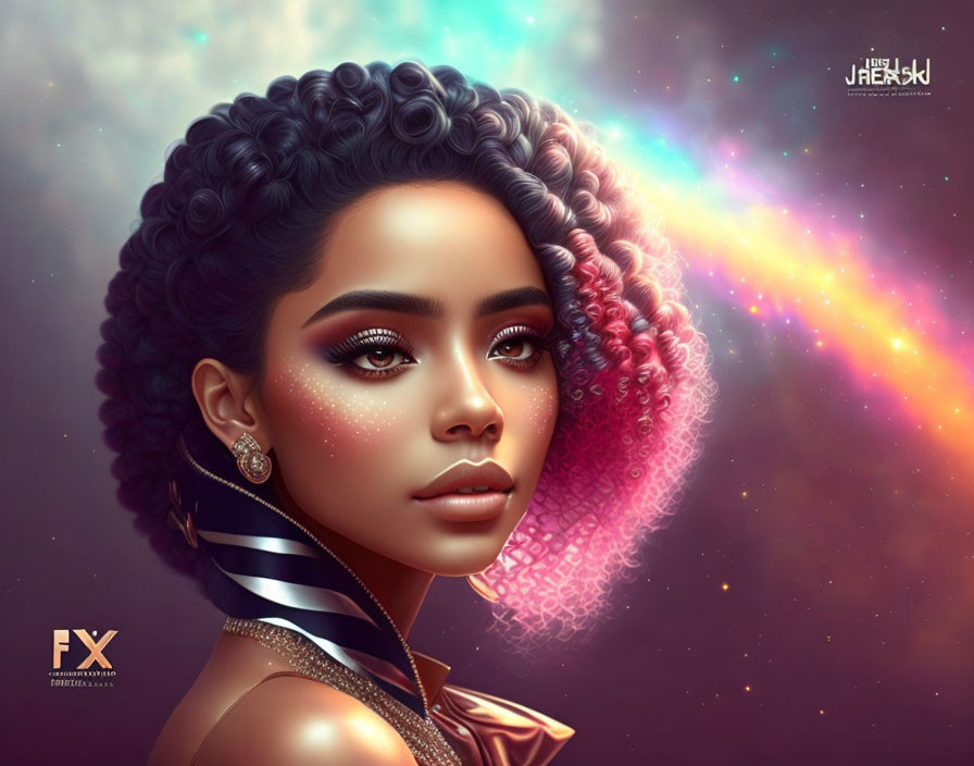 Detailed curly hair transitions into cosmic pattern on woman illustration