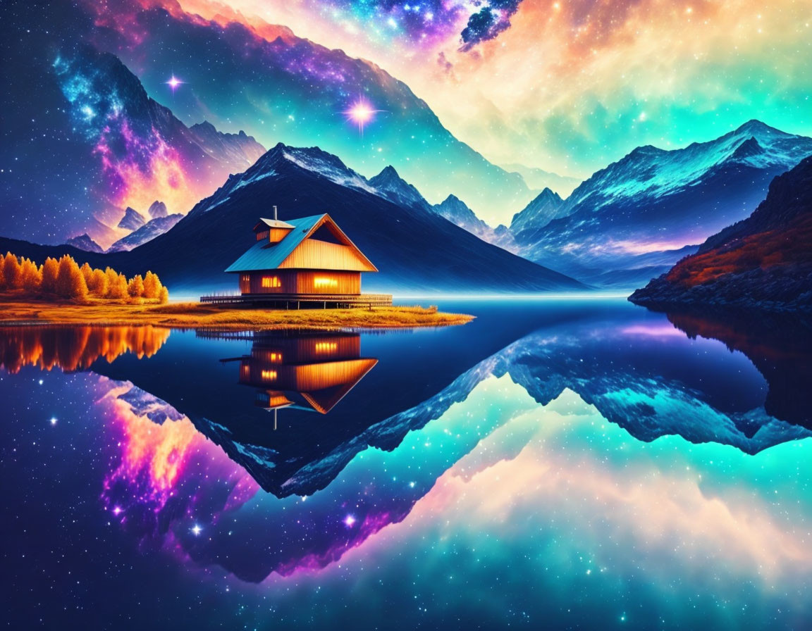 Colorful surreal landscape with house on lake, starry skies, mountains