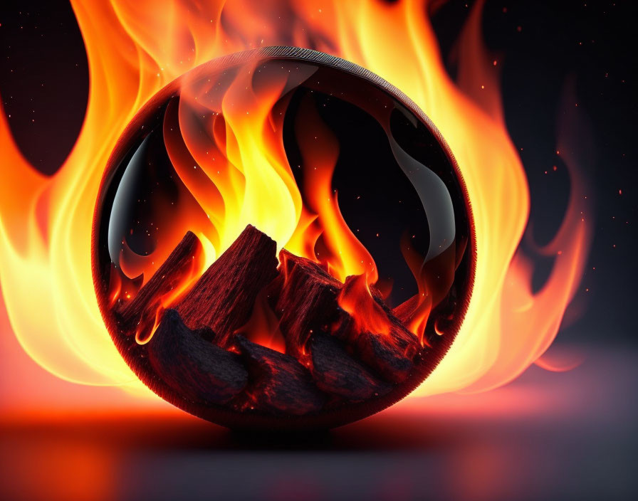 Crystal ball with flaming logs scene on dark backdrop