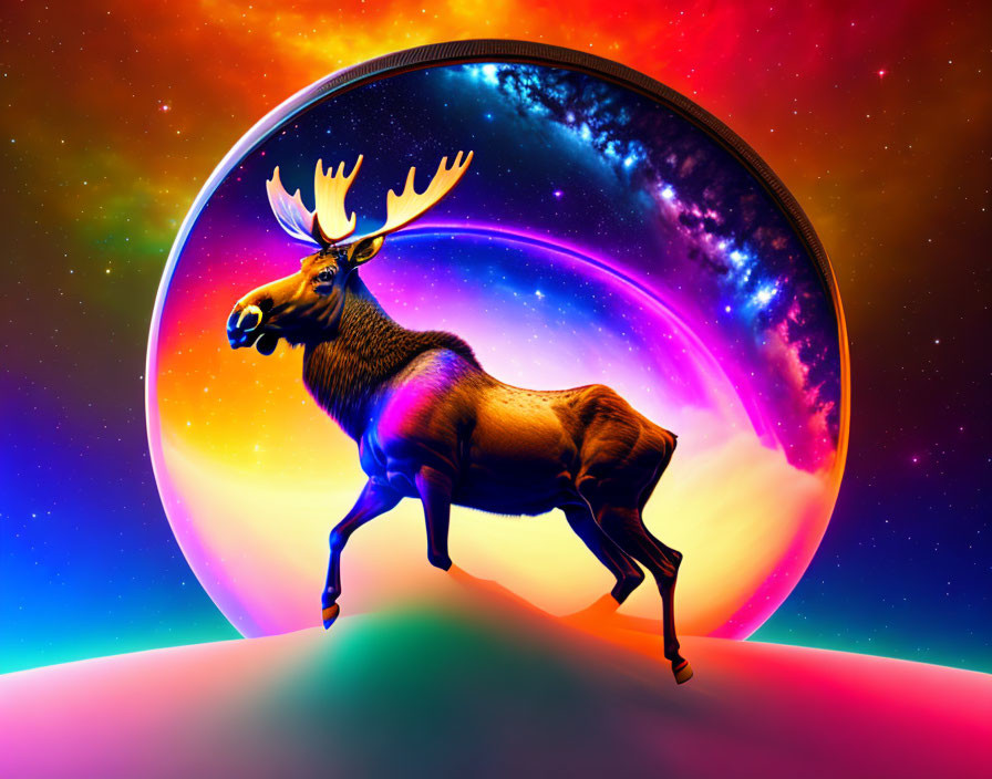 Surreal moose in cosmic scene with rainbow swirls