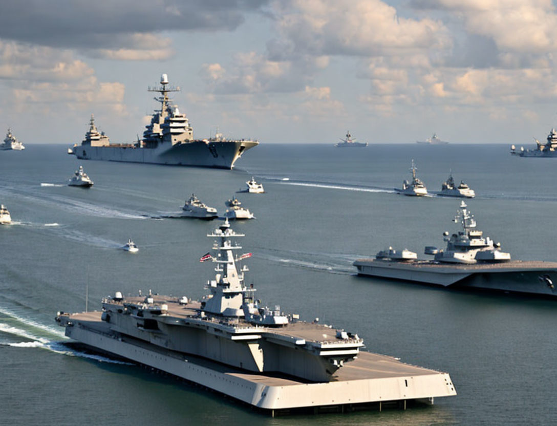 Navy fleet with aircraft carrier and support vessels at sea