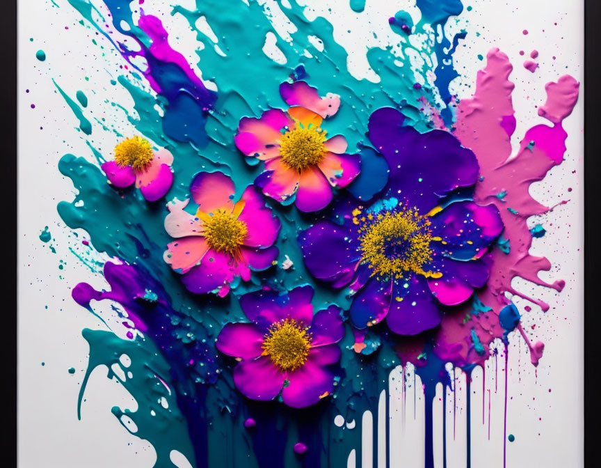 Colorful Floral Abstract Artwork with Blue, Purple, and Pink Blooms