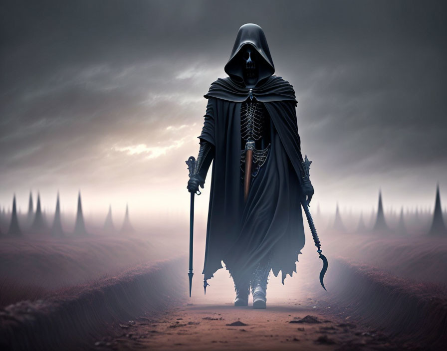 Mysterious figure in dark cloak with staff in foggy landscape