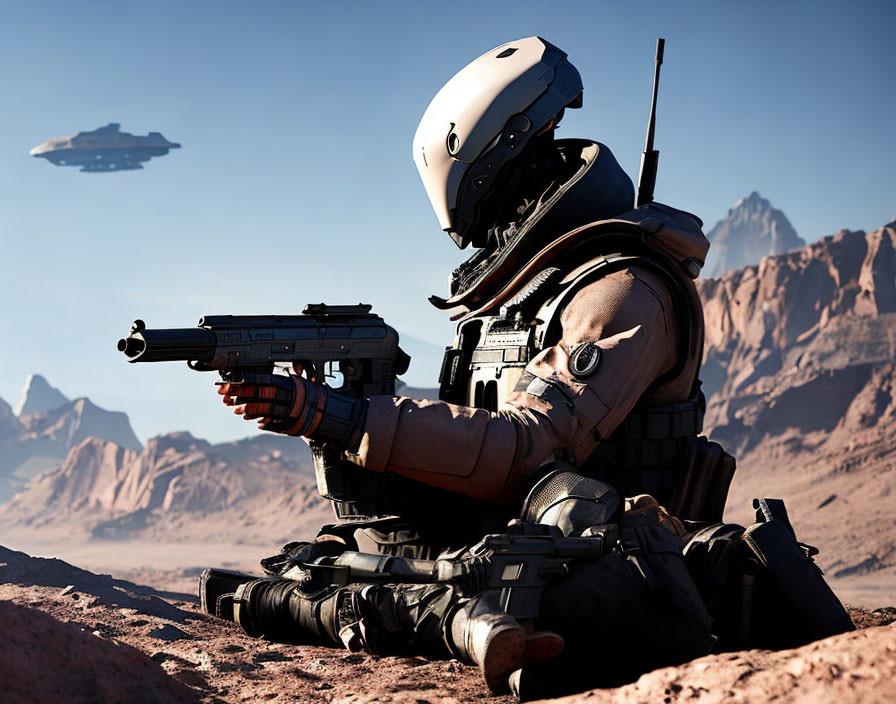 Futuristic soldier in armored suit with blaster gun on desert terrain with hovering spaceship