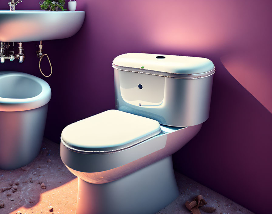 Modern bathroom illustration with smiling toilet, ambient lighting, and sandy floor