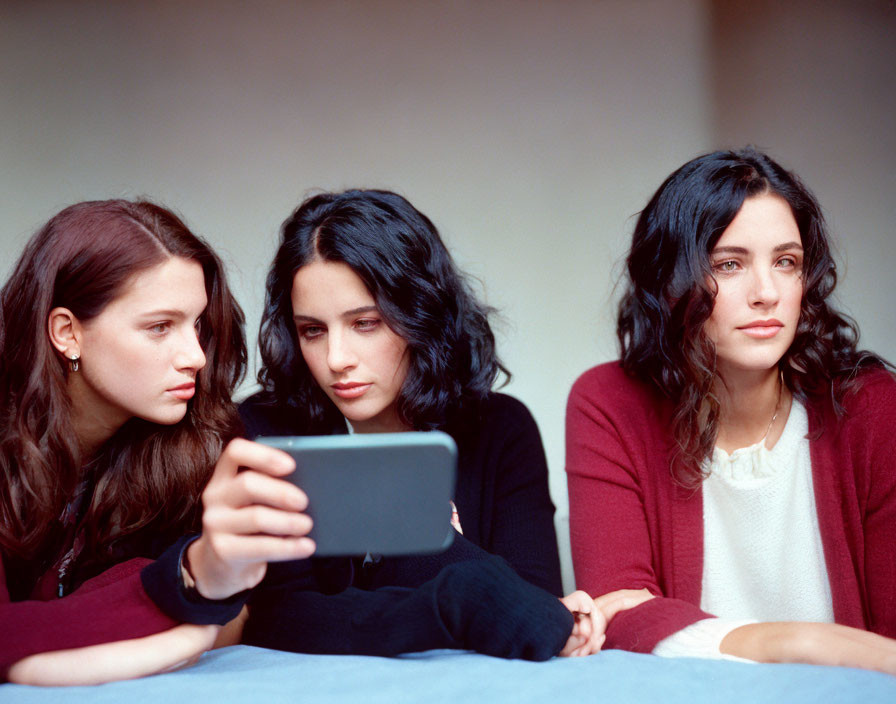 Three Women Sitting Closely with One Holding Smartphone