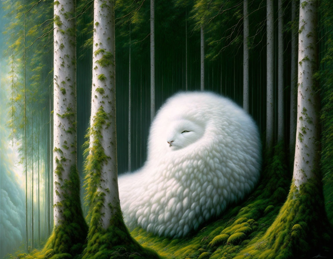 Whimsical white creature nestled in misty forest among birch trees