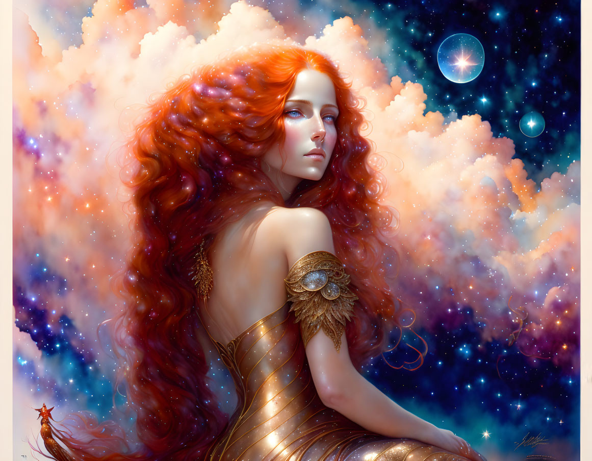 Red-haired woman in golden armor against cosmic backdrop