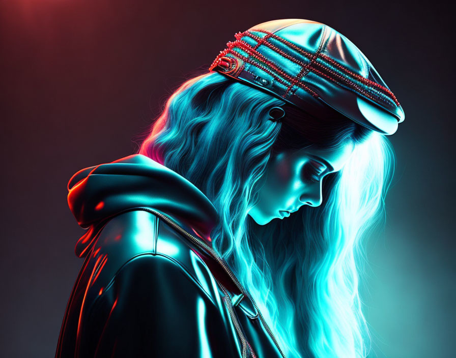 Digital Artwork: Person with Blue Hair in Cap and Jacket under Neon Lights