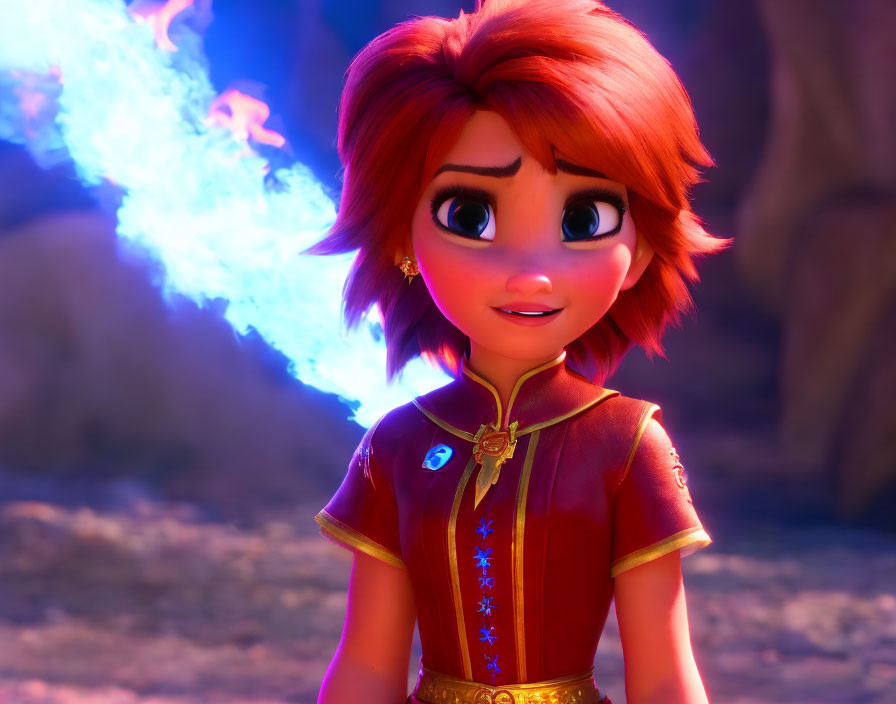 Red-haired animated girl in star-patterned red jacket smiles with blue flame backdrop