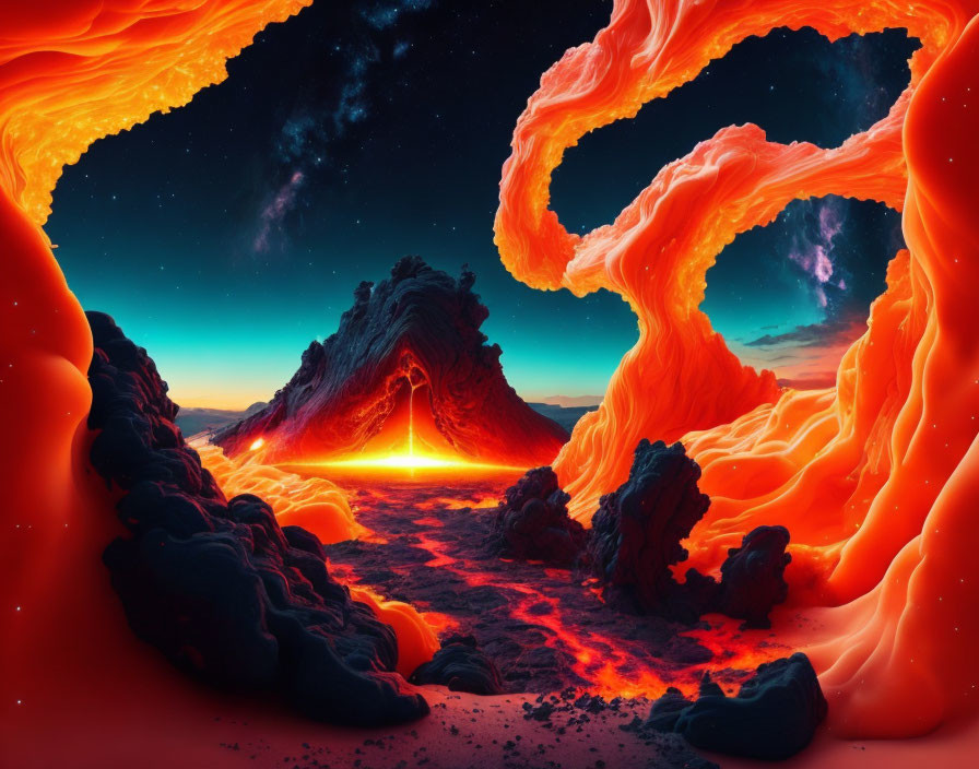 Fantastical volcanic landscape under starry night sky