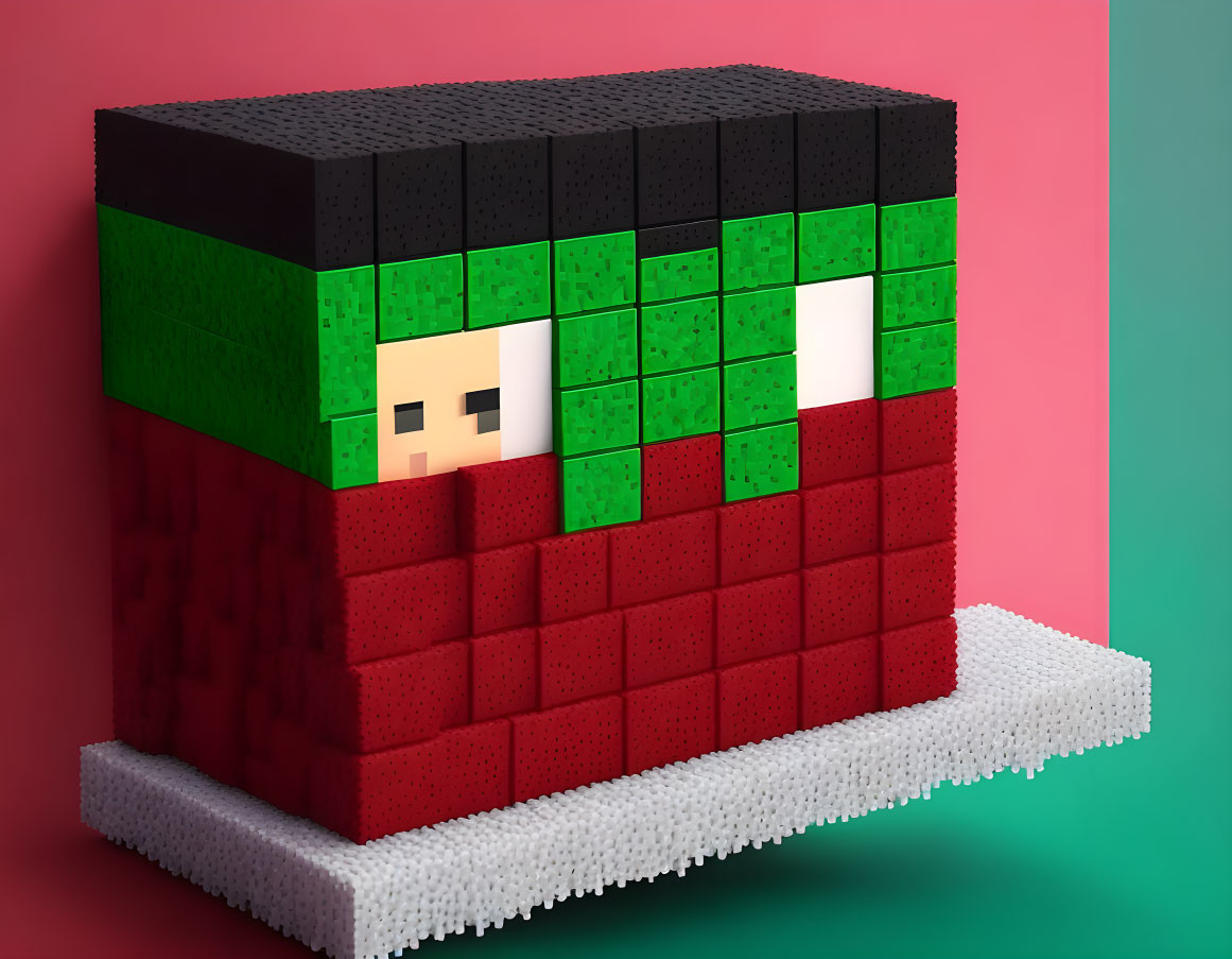 Cube-shaped Minecraft head with pixelated features on colorful background