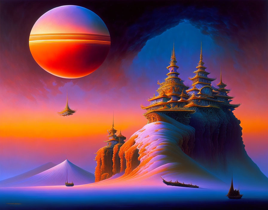 Ornate palaces on cliff with ships, large planet in dusk sky