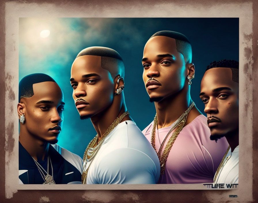 Four stylized animated men in colored shirts with gold chains under a moonlit sky