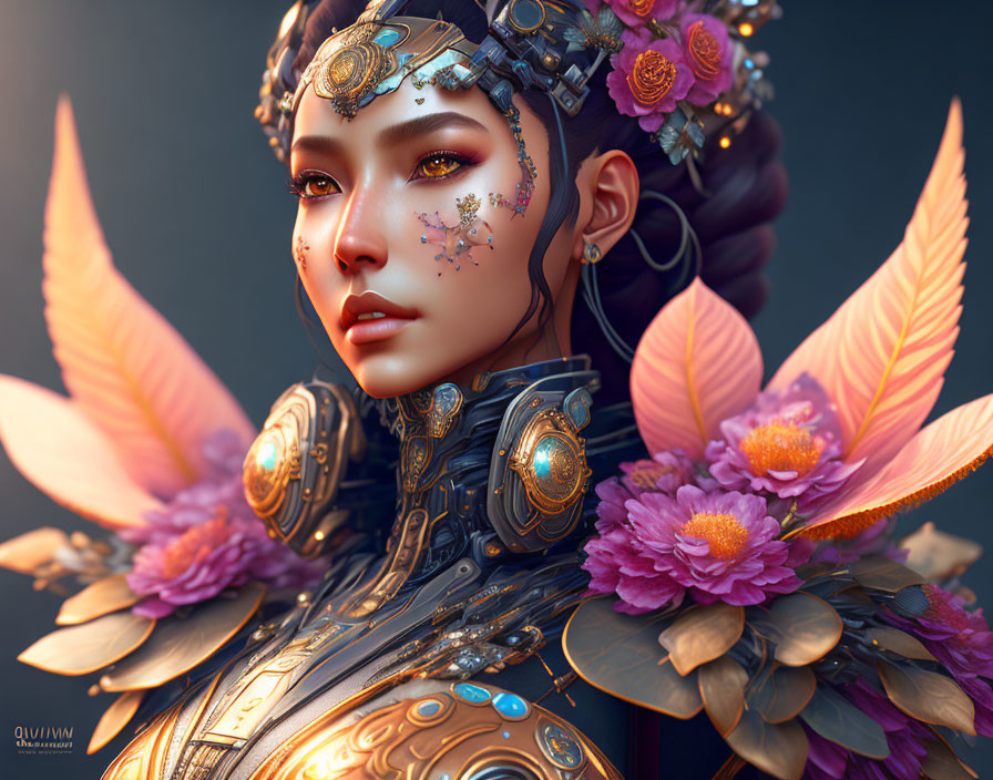 Digital artwork: Woman in ornate golden armor with purple flowers, mechanical details, and feather embellishments