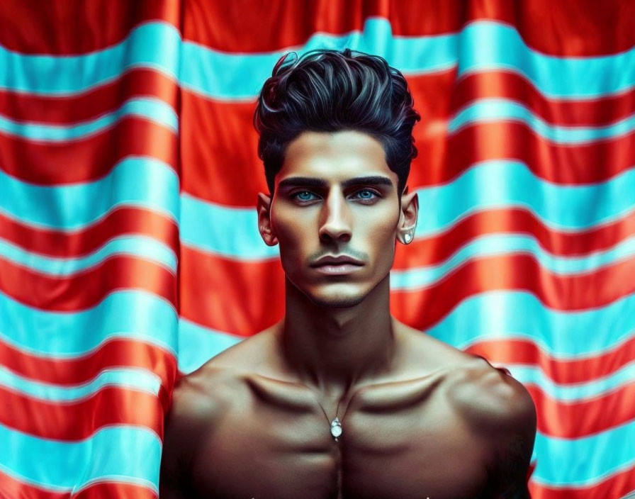 Portrait of young man with blue eyes and dark hair against red and blue curtains