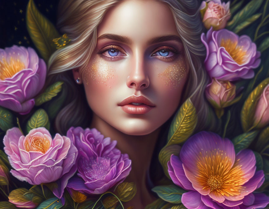 Digital artwork: Woman with blue eyes, pink and yellow flowers, gold freckles