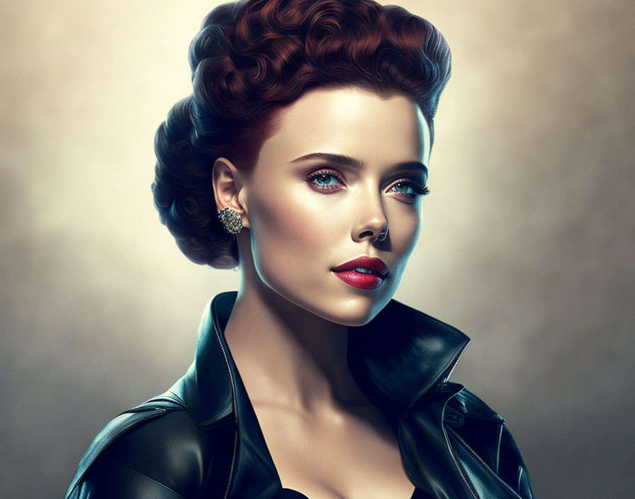 Vintage-inspired portrait of a woman with elegant hairstyle, makeup, earrings, and leather jacket.