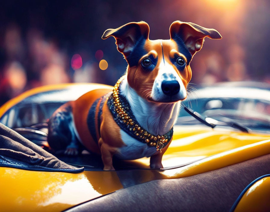 Brown and White Dog with Floppy Ears on Yellow Car Hood