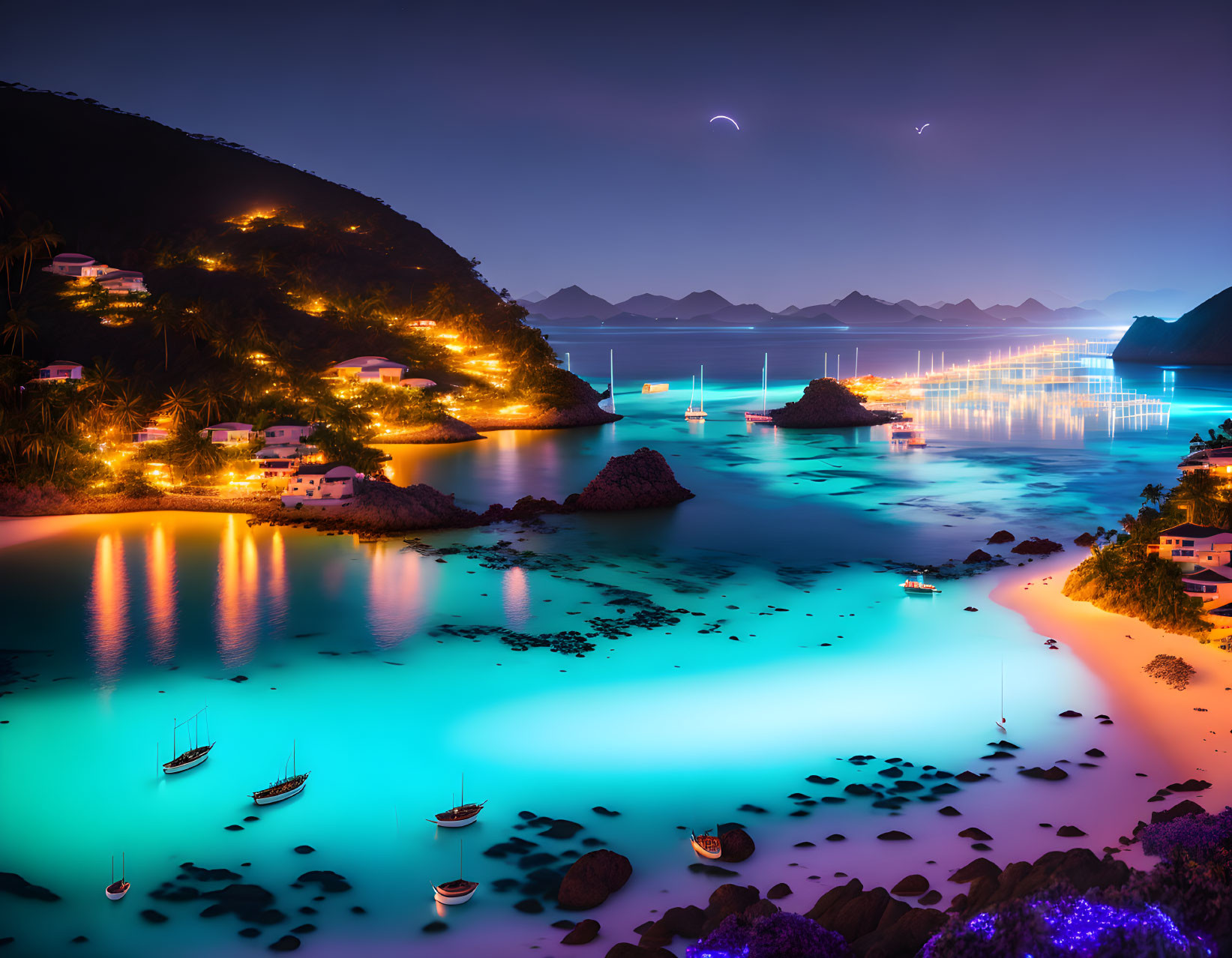 Nocturnal Coastal Scene: Illuminated Boats, Bioluminescence, Houses, Mountains,