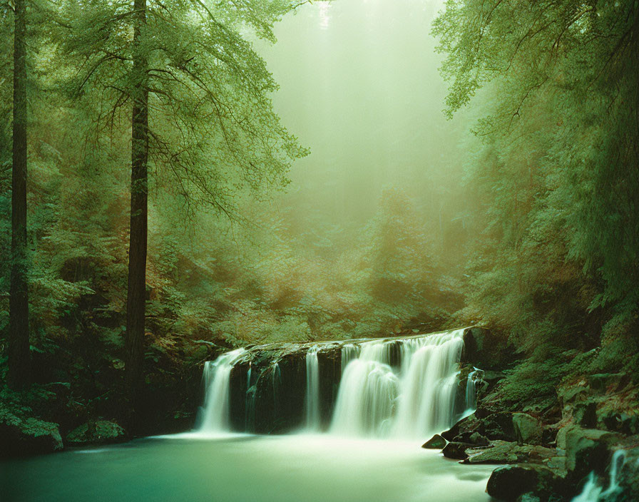 Tranquil waterfall in lush green forest with mist