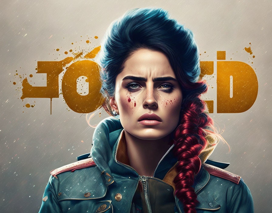 Digital artwork featuring woman with blue pompadour, red braid, freckles, intense gaze