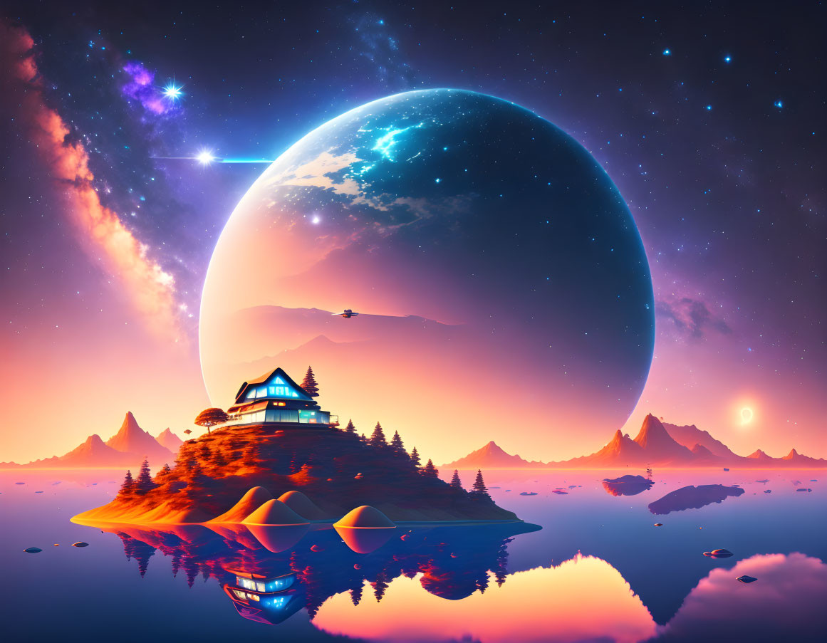 Sci-fi landscape with large moon, lone house on island, sunset, stars.