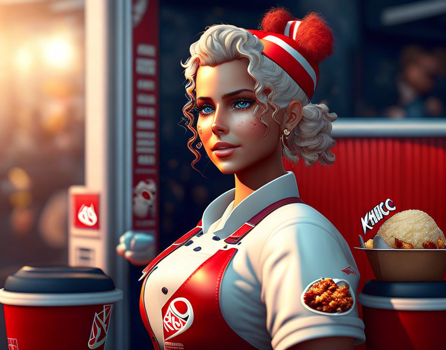 Blonde woman in retro diner uniform with vintage branded items