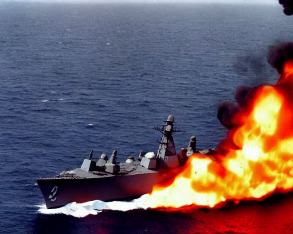 Battleship at sea fires front cannon, creating fireball & smoke