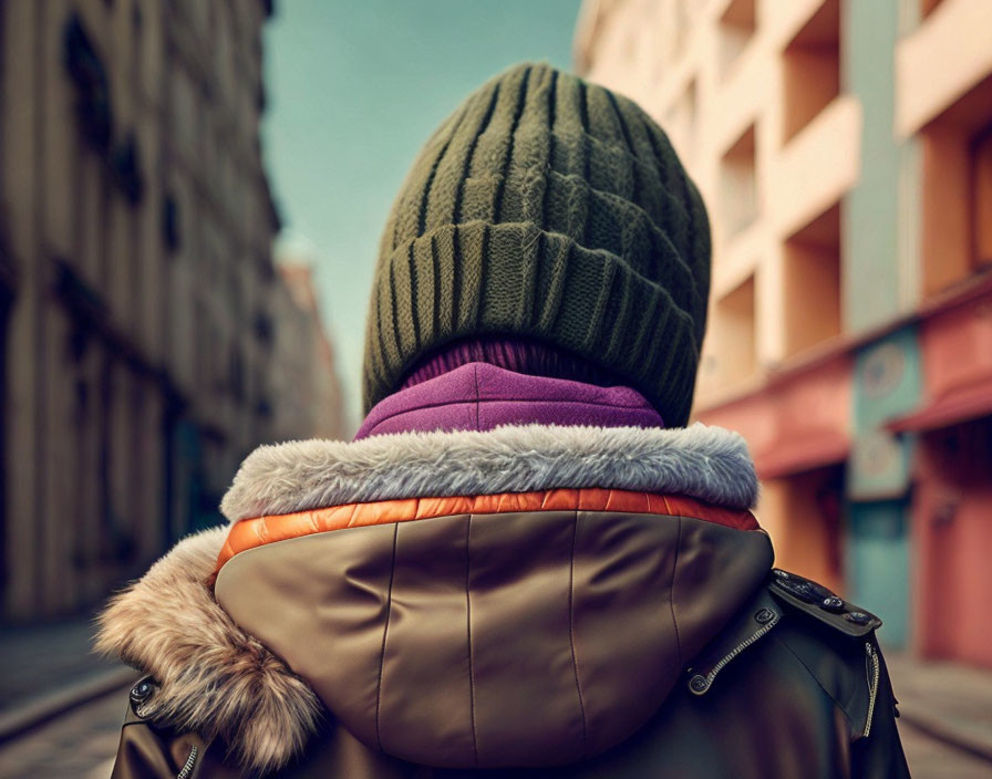 Person in Green Beanie and Fur-Lined Hood Jacket on Urban Street