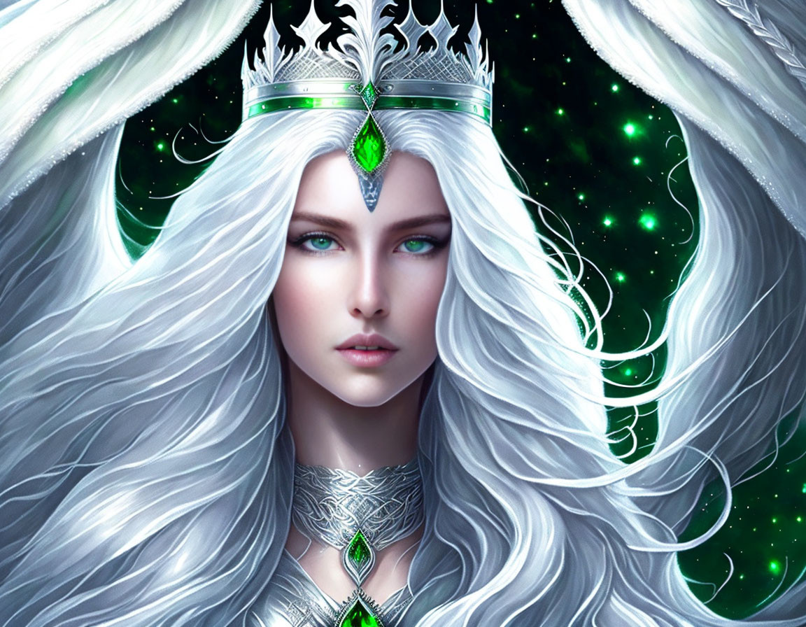 Digital artwork featuring woman with pale skin, blue eyes, white hair, silver crown, and green lights