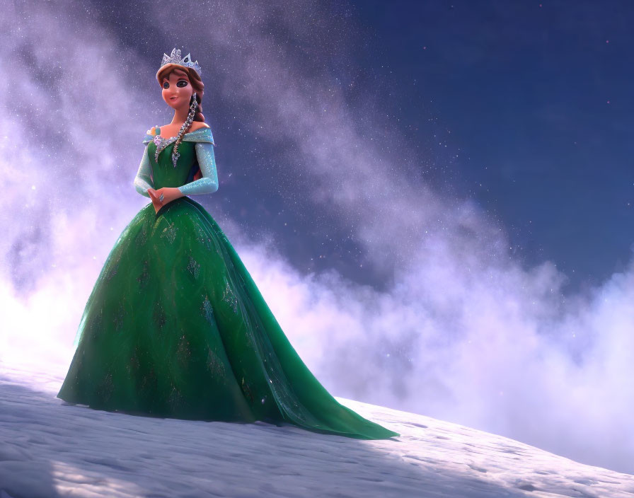 Animated princess in green dress on cloudy hill under starry sky