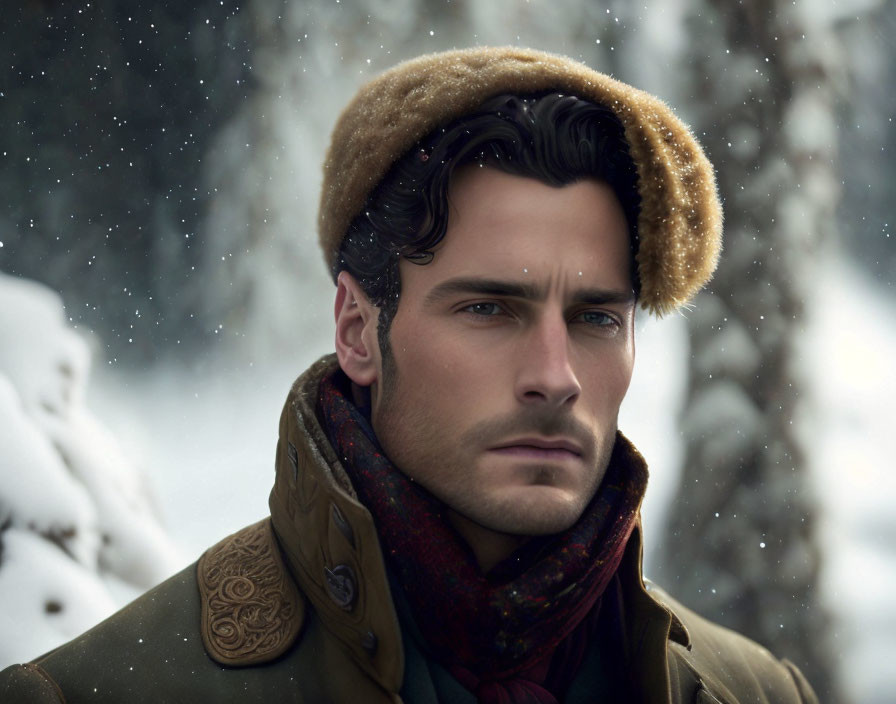 Man with dark hair and blue eyes in fur hat and scarf, snowflakes falling, wintry