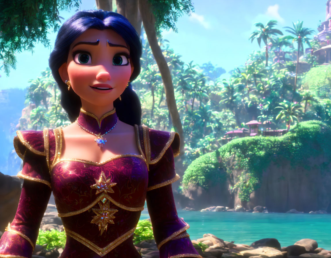 Animated female character with big brown eyes in red and gold dress against tropical backdrop.