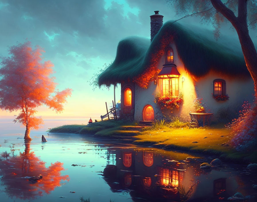 Quaint Thatched Cottage by Serene Lake at Dusk