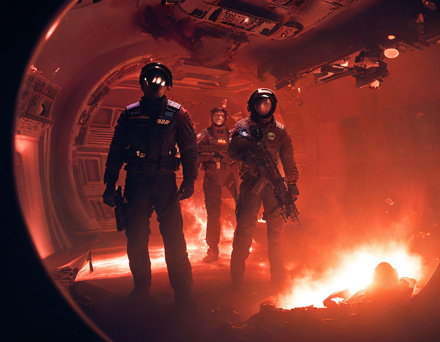 Futuristic armored individuals in fiery spacecraft wreckage