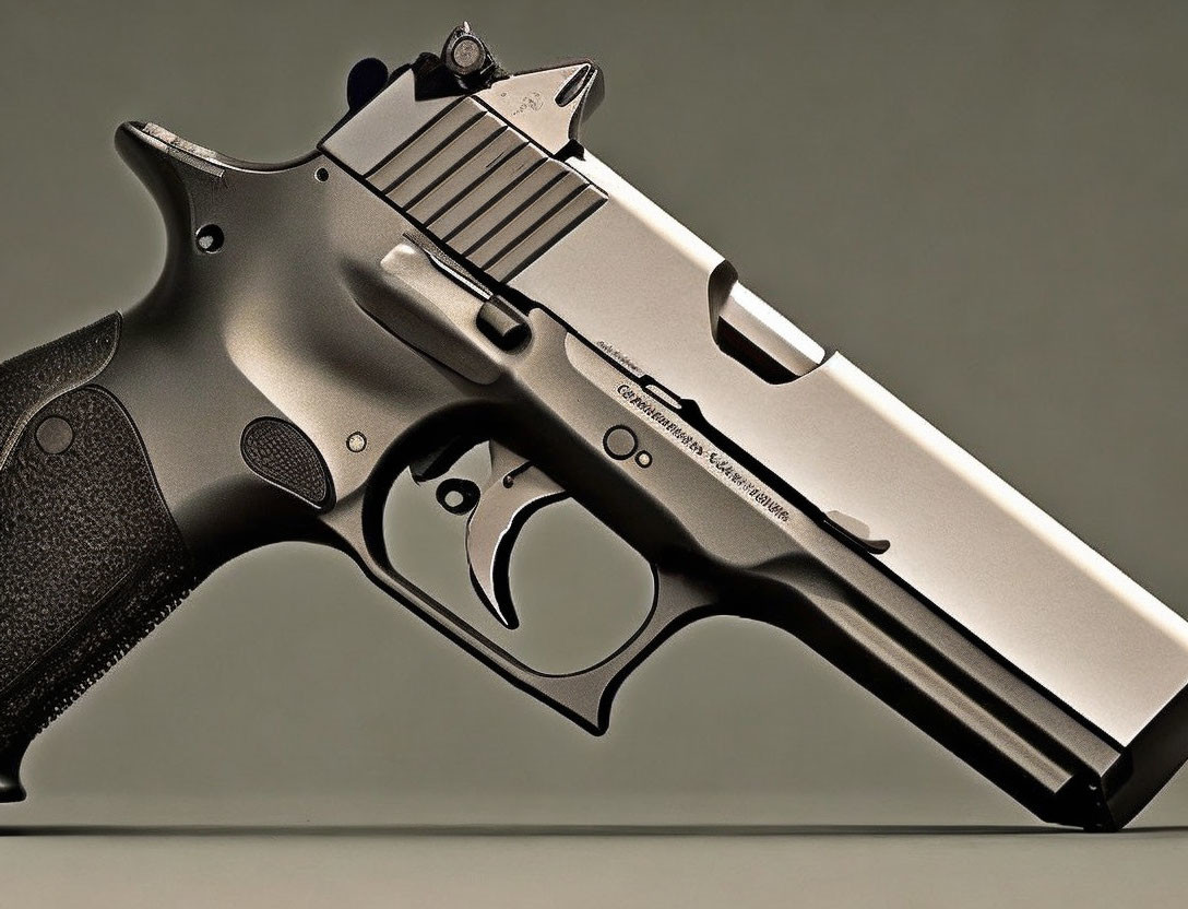 Close-up of black grip, silver slide semi-automatic pistol on grey background