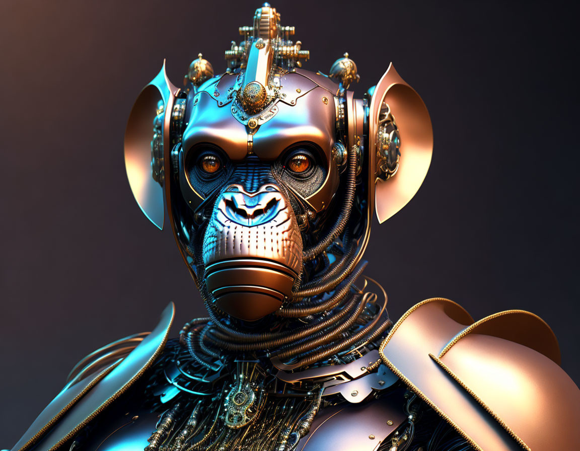 Detailed anthropomorphic robot with canine-like head in blue and gold color scheme