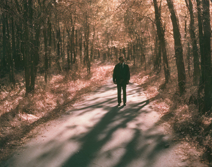 Solitary figure in autumn forest with sunlight and shadows