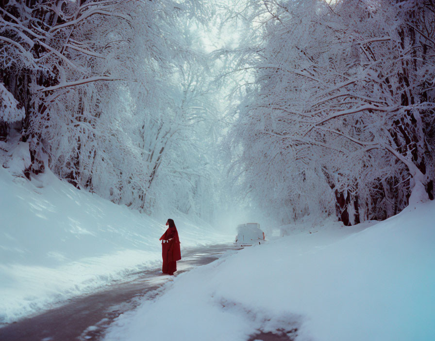 Person in red standing on snowy road with frost-covered trees