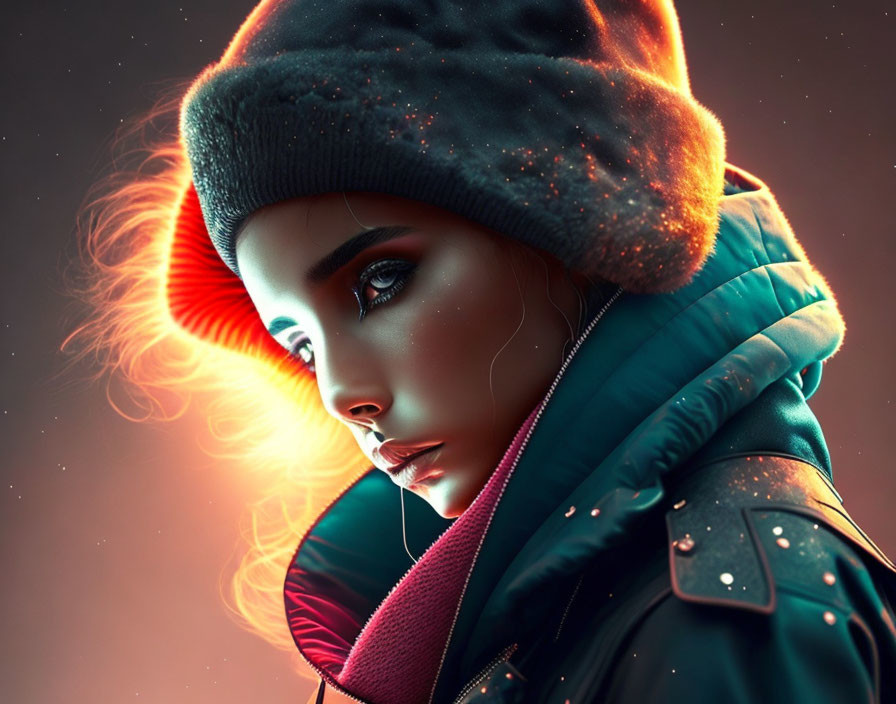 Person with Glowing Skin in Beanie and Jacket under Radiant Light