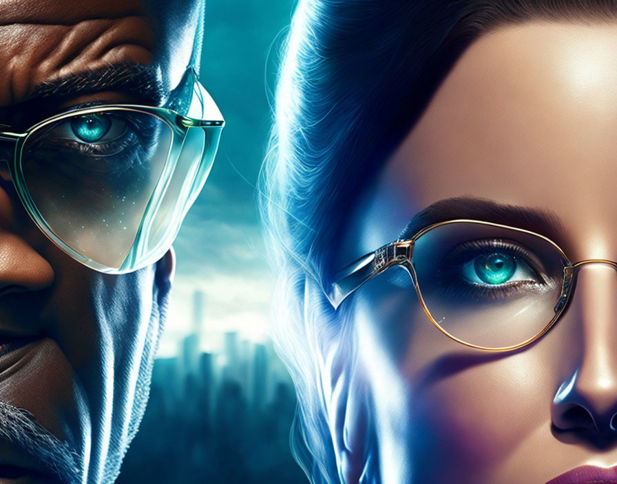 Close-Up Artwork: Man and Woman's Faces Split by Line, Both with Glasses and Blue Eyes