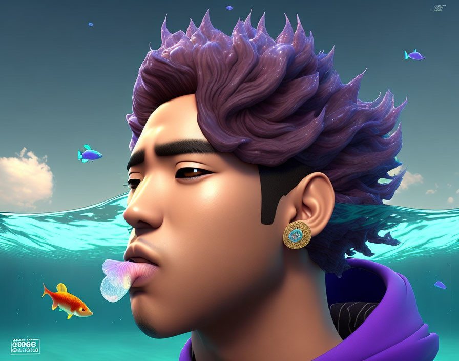 Man with Purple Hair Underwater Surrounded by Fish and Blowing Bubblegum