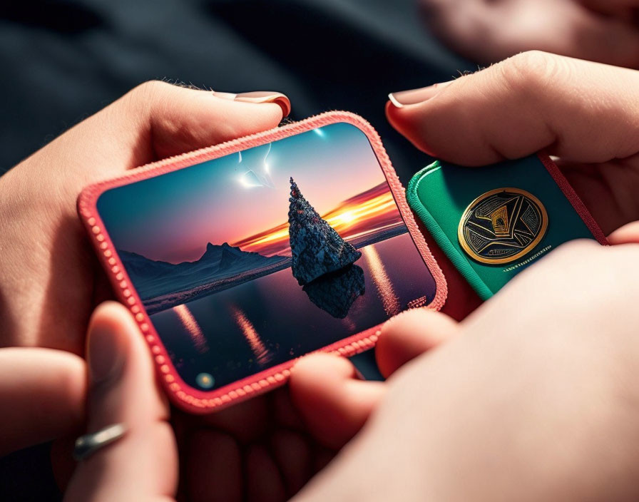 Hands holding smartphone with scenic sunset wallpaper and colorful keyholder on leather surface